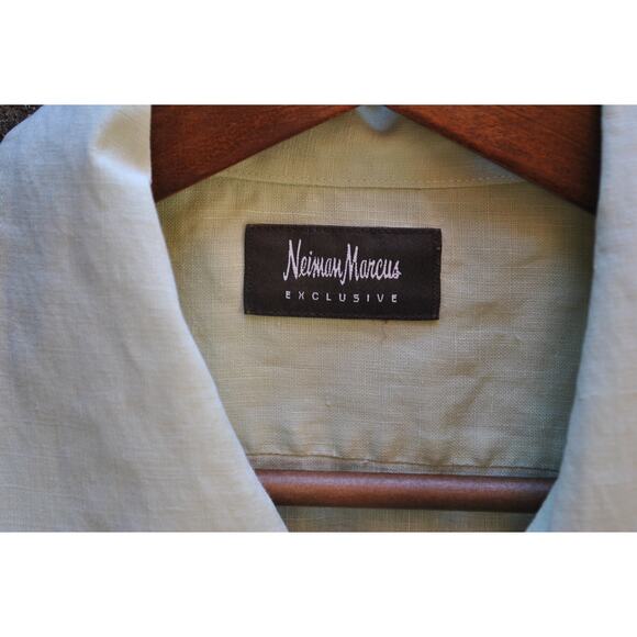 Neiman Marcus Exclusive Pale Green 100% Linen Short Sleeve Button-Up Shirt Large - Picture 2 of 4